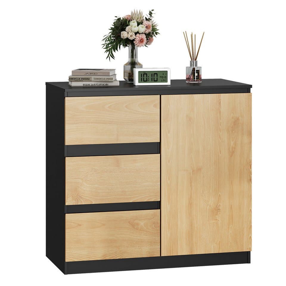 WLIVE Kommode Sideboard, 80 cm Breit, 3 Schubladen & 1 Tür, Soft-Close, Schwarz/Eiche