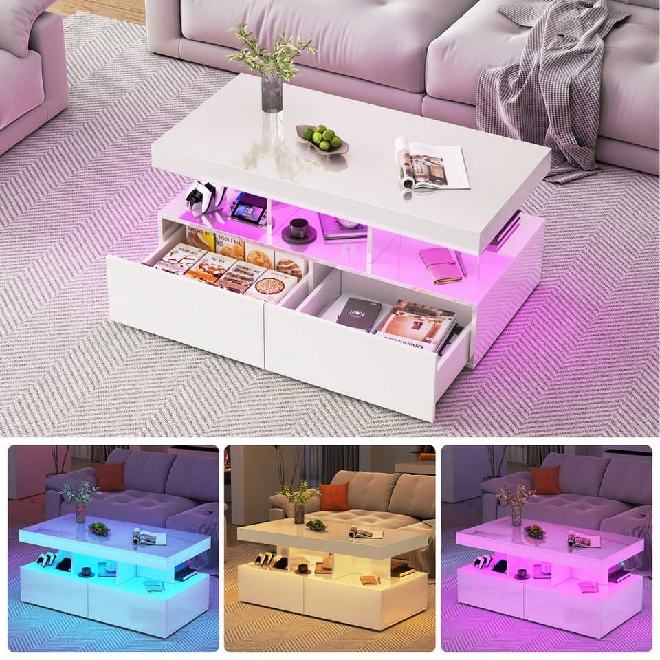 PXloue LED-Couchtisch, moderner Tisch mit Stauraum und RGB-Beleuchtung