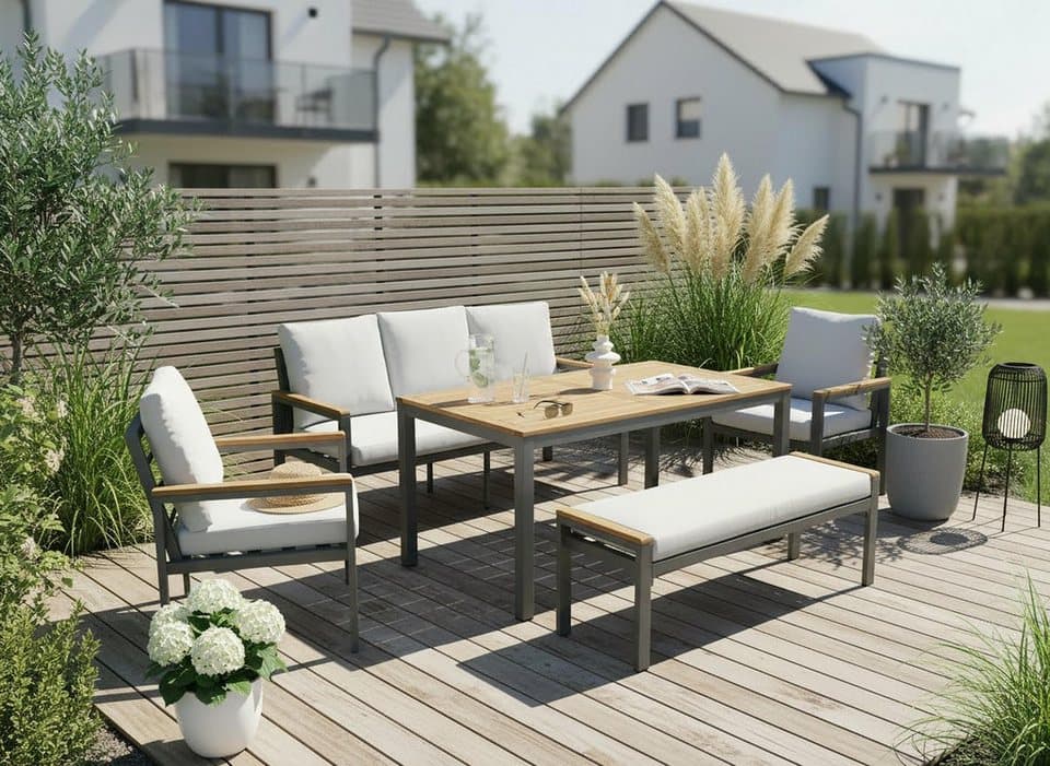 KONIFERA Essgruppe Salamanca, 14-teilig, für 6 Personen, mit Tisch, Bank, Sessel und Auflagen