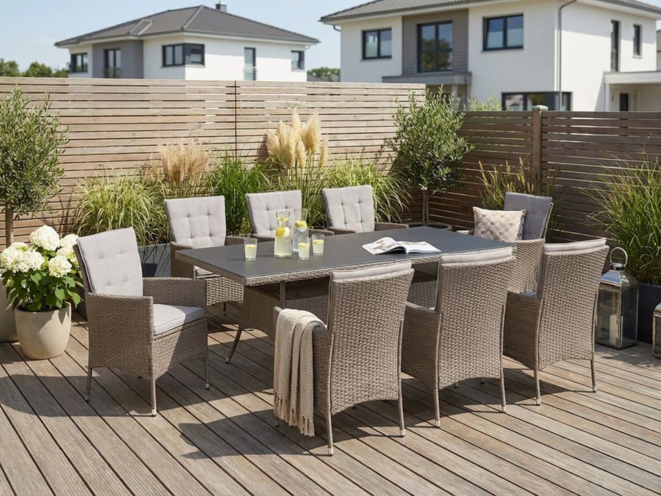 KONIFERA Essgruppe Mailand, 25-teilig, 8 Sessel, Tisch mit Ablagefläche, Polyrattan, verzinkter Stahl