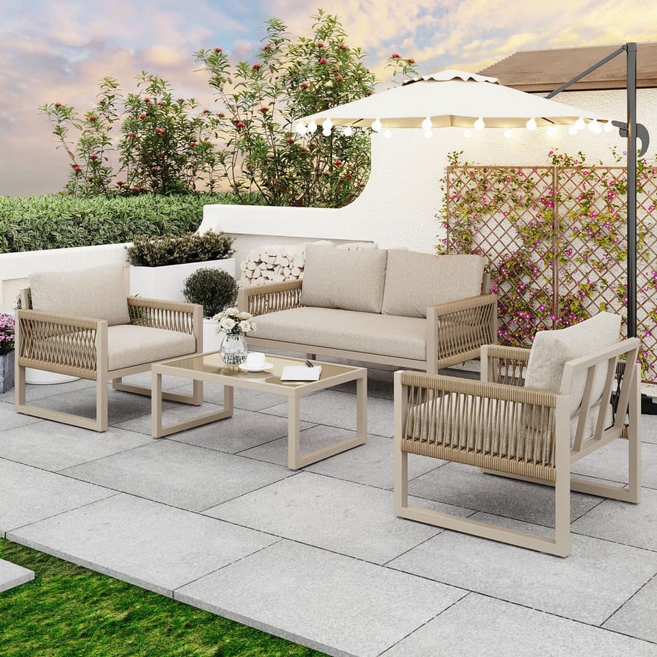 Flieks Gartenmöbel Set, Lounge-Sitzgruppe für 4 Personen aus Eisen und Seil