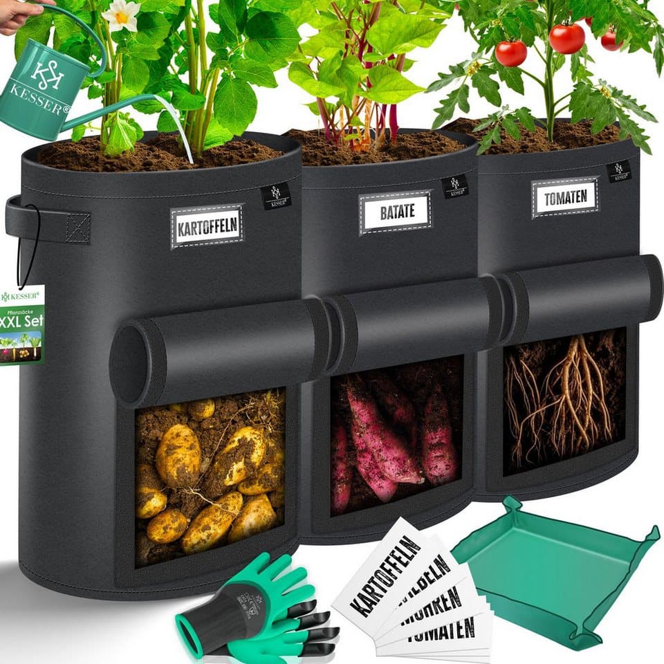 KESSER Pflanzsack Set, XXL für Gemüse und Kartoffeln, inkl. Sichtfenster und Tragegriffen