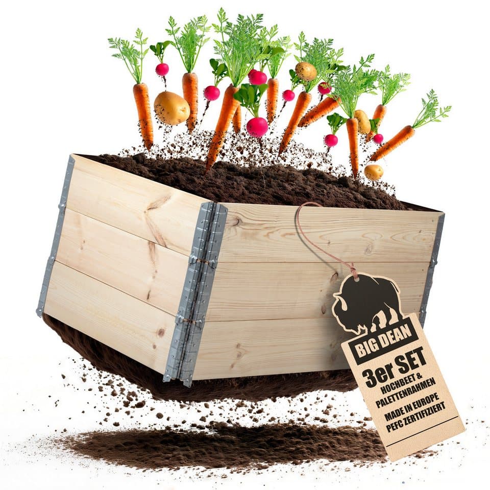 BigDean Hochbeet-Set, 3 Stück faltbare und stapelbare Palettenrahmen aus Holz